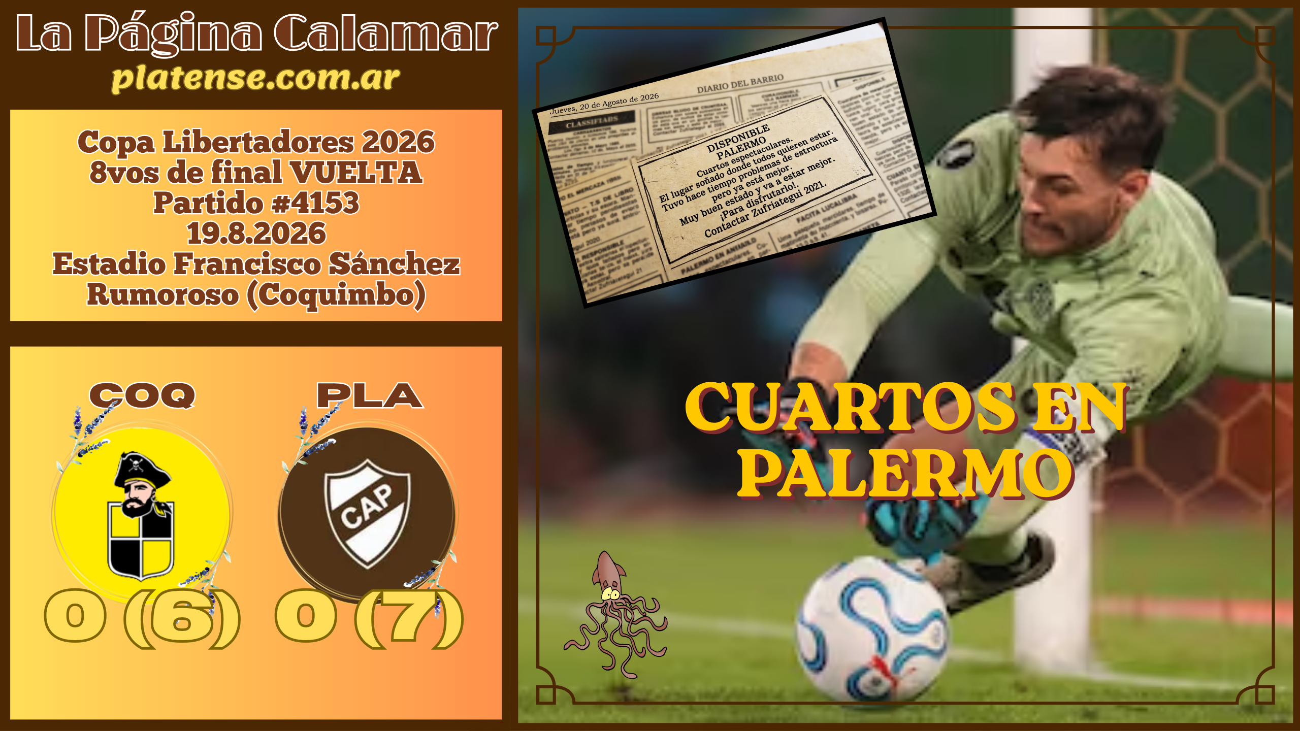 #4153 – Coquimbo Unido (CHI) 0 (6) vs. PLATENSE 0 (7) 19.8.2026 – Libertadores 2026 – 8vos de final VUELTA