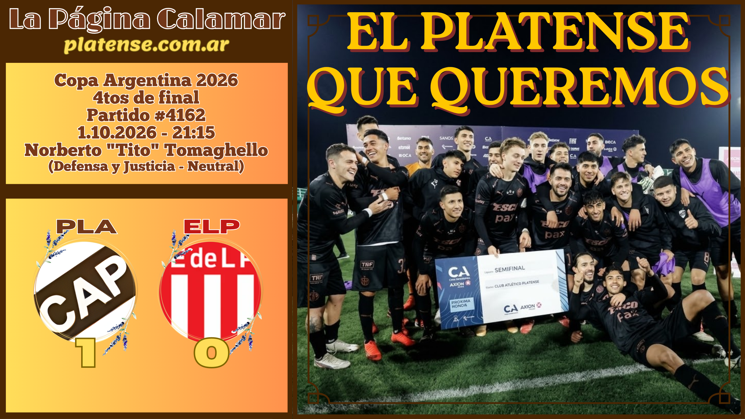 #4162 – PLATENSE 1 – vs. Estudiantes LP 0 – 1.10.2026 – Copa Argentina 2026 – 4tos